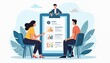 © Vadym - Illustration presents team meeting, job interview HR recruitment concept. Man, woman sitting near big resume chart. Manager controls employee performance. Staff training, business consulting.