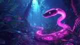 Luminous serpent: A radiant neon snake gracefully meanders through mystical foliage