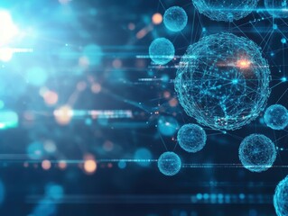 Abstract illustration of digital cells and networks, showcasing technology and science in a futuristic blue environment.