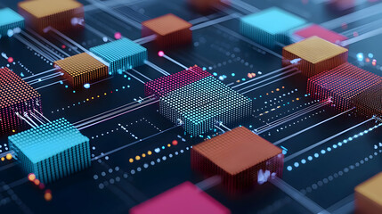 Abstract 3d Render Of Digital Cubes Connected By Circuit Lines In A Technology Network