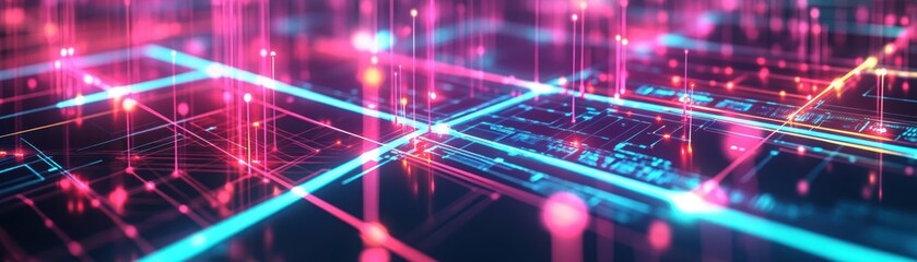 Vibrant digital grid with glowing lines and particles, perfect for technology, science, and futuristic concepts.