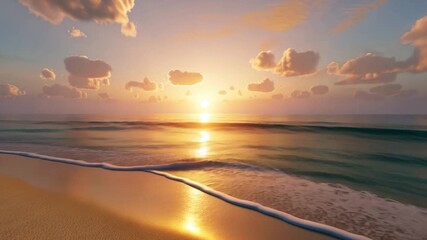 Wall Mural - serene sunset over tranquil beach gentle waves, scattered clouds, and golden reflections on ocean wa