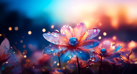 Wall Mural - dreamy flowers with water droplets sparkle in soft light. a blurred bokeh background of warm and coo