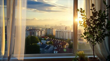 Wall Mural - Serene Cityscape View from Window at Sunset with Sunlight Streaming Through Sheer Curtains and Illuminating Potted Plant, Urban Skyline Bathed in Warm Golden Light, Creating Tranquil Atmosphere