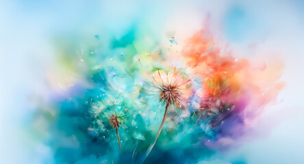 Wall Mural - soft focus dandelion is set against a vibrant, blurry, colorful abstract background. dreamy, artisti