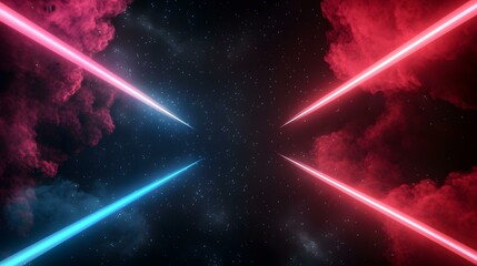 the image shows two bright laser beams, one blue and one red, crossing each other in a dark, starry 