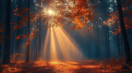 Canvas Print - mysterious forest with sunbeams and fog in autumn
