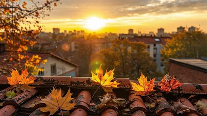 Wall Mural - Autumn Leaves on Rooftop Glow in Warm Sunset Light, City Skyline in Background, Capturing Peaceful Fall Transition and Vibrant Colors in Serene Urban Setting