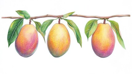 Ripe mangoes on branch, orchard background, food illustration