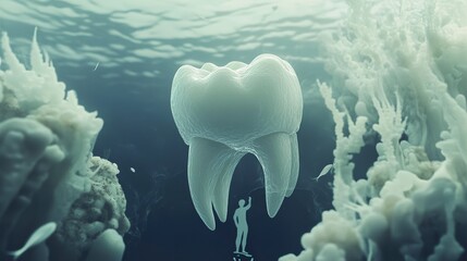 Sticker - gigantic tooth underwater: a surreal ocean scene