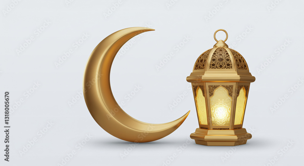 3D Ramadan lantern and crescent moon on a clean white background ...