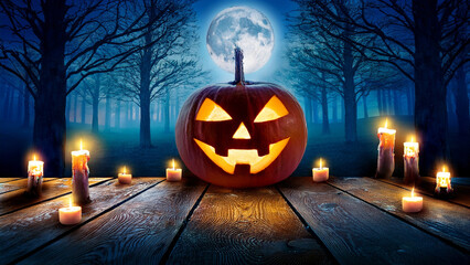 Wall Mural - Spooky Halloween Night with Glowing Jack-O'-Lantern Under a Full Moon