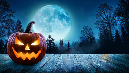 Wall Mural - Spooky Halloween Night with Glowing Jack-O'-Lantern Under a Full Moon