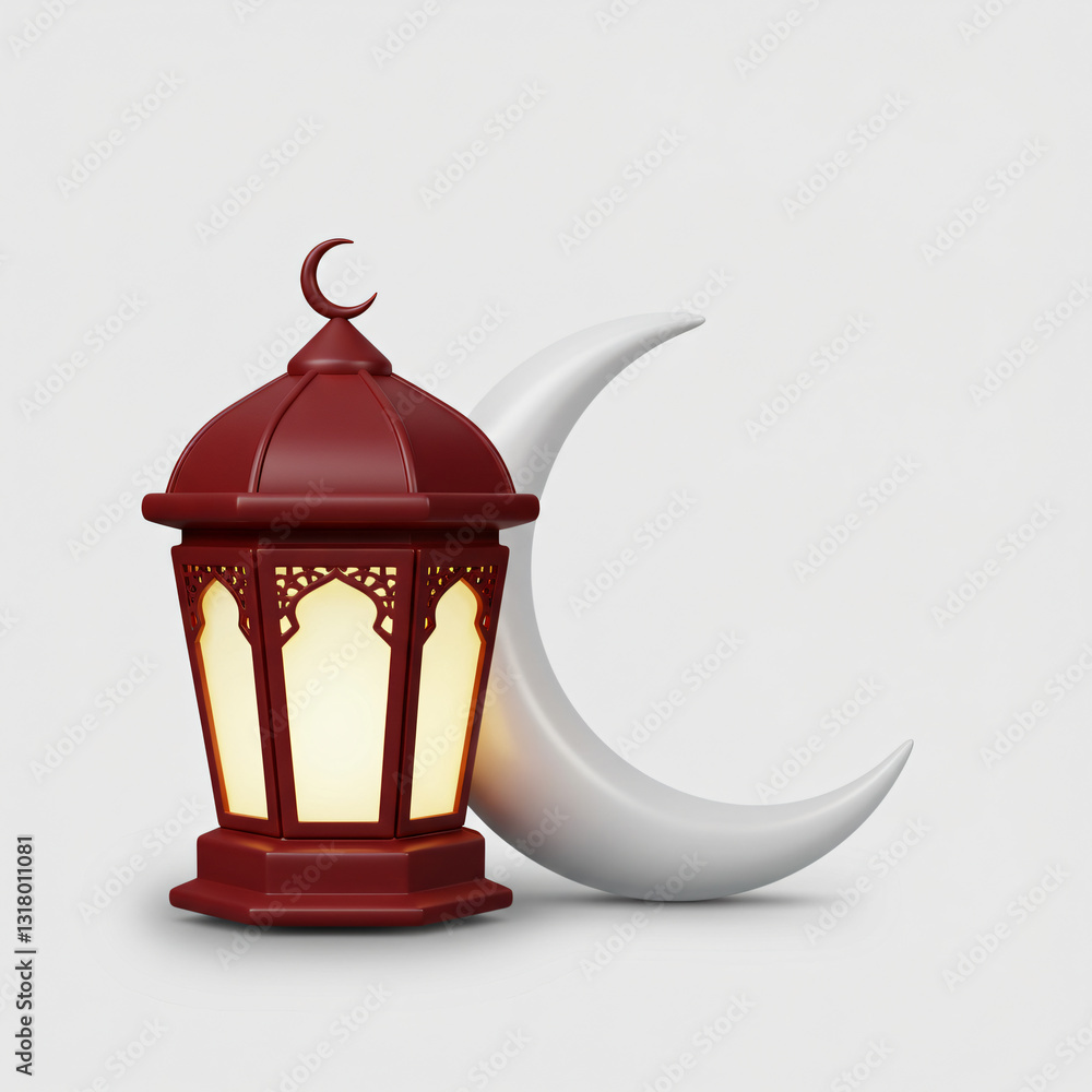 3D Ramadan lantern and crescent moon on a clean white background ...