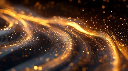 Wall Mural - Abstract Golden Waves Sparkling in the Dark Night Celestial Cosmic Dust Glimmering Galaxy Nebulae Digital Art