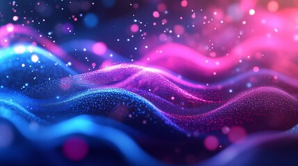 Wall Mural - abstract digital waveforms: neon blue and pink particle flow in dark space