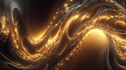 Wall Mural - Golden Abstract Fractal Art: Luminous Waves of Energy and Light