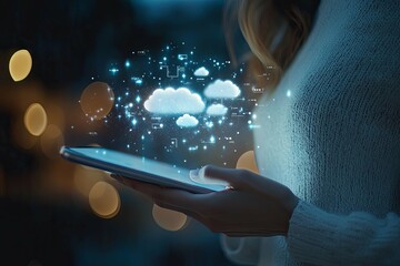 Wall Mural - woman is using a digital tablet with cloud technology displayed above
