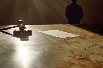 Leinwandbilder - A single legal contract placed on a marble desk with a shadowed, blurred figure of a judge standing, gavel resting on the table. The empty upper section is available for a legal brand’s message.