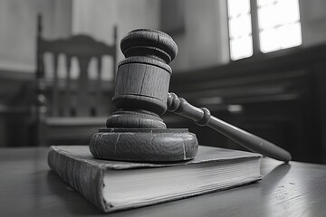 Leinwandbilder - A high-resolution close-up of an aged, cracked gavel resting on a law book, with a blurred judge’s chair in the background. The left side offers room for a tagline about authority and power.