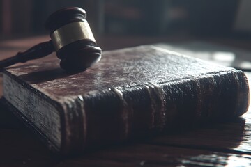 Leinwandbilder - A focused shot of a law book with a gavel lying next to it, the blurred backdrop of a courtroom scene suggesting gravity. The space at the top is available for a legal service ad.