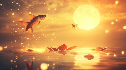 Wall Mural - golden fish leaps, moonlit lake, autumn leaves, flying insect