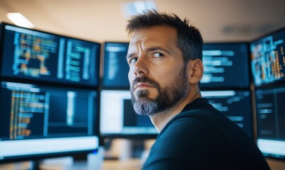 Programmer checking code on multiple screens in office. Tech review concept
