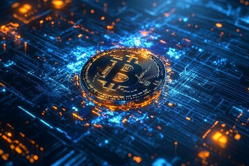 Wall Mural - an abstract illustration depicting a cryptocurrency on a digital circuit board