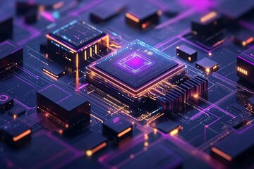 Wall Mural - electronic circuit board displaying glowing integrated circuit components clearly
