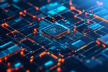 Wall Mural - illuminated electronic circuit board with embedded processors and integrated components