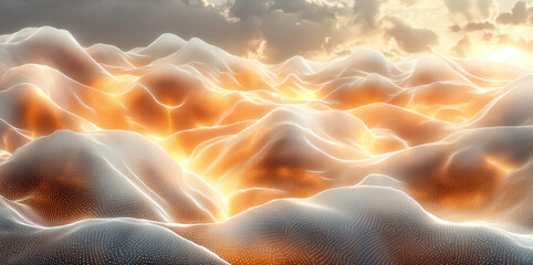 Leinwandbilder - Futuristic landscape with glowing waves and soft textures under cloudy sky