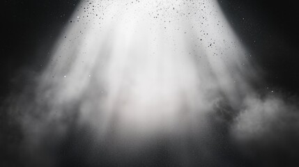 Fototapete - Abstract black background with white spray paint and floating dust particles illuminated by a soft glow from behind, creating a mysterious and atmospheric texture with light and shadow contrast.