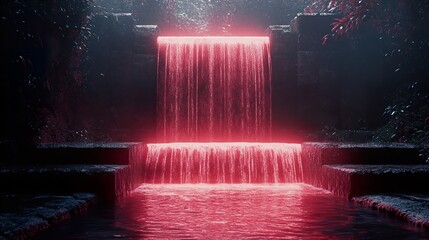 Wall Mural - red night waterfall: a surreal landscape