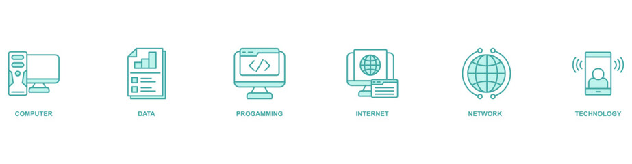 Information Technology banner web icon vector illustration concept with icon of computer, data, progamming, internet, network, technology