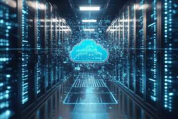 Wall Mural - a digital cloud graphic floating above server racks represents data storage