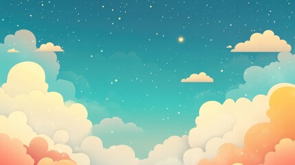 Wall Mural - Dreamy Cartoon Sky with Stars, Moon and Fluffy Clouds, Vector Illustration