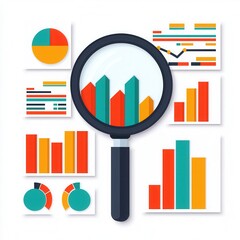 Wall Mural - colorful charts and graphs with magnifying glass for data analysis and insights