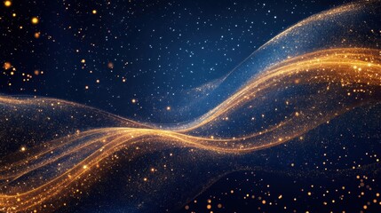 Wall Mural - Elegant Abstract Dark Blue Background with Golden Flowing Lines and Sparkling Stars.