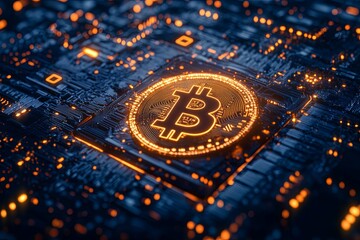 Wall Mural - glowing bitcoin symbol placed on a blue electronic circuit board