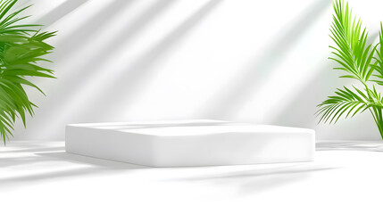 Fototapete - A minimalist scene featuring a white platform surrounded by green foliage, with soft light creating a serene and tranquil atmosphere
