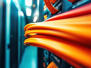 Leinwandbilder - Hyper-Connected Infrastructure Vibrant Orange Network Cables Illuminating Next-Gen Data Center Ecosystem - High-Performance Digital Transformation Visualized