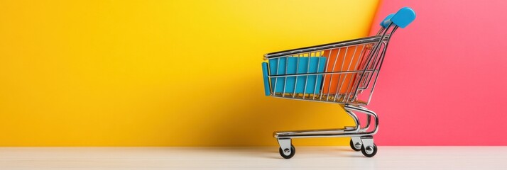 Aufkleber - Vibrant Omnichannel Retail Transition Bold Pop Art E-Commerce Shopping Cart on Gradient Background - Digital Consumer Experience Innovation