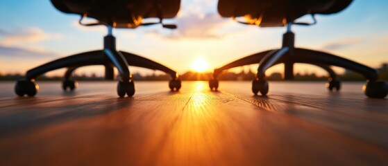 Fototapete - Adaptive Workspace Dynamics Ergonomic Office Chairs Silhouetted Against Golden Hour - Future of Flexible Professional Environments and Collaborative Design Innovation