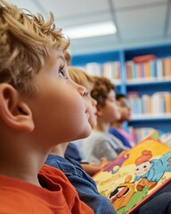Aufkleber - Immersive Early Learning Narrative Gen Z Kids Engaging with Colorful Storybooks in Dynamic Educational Microlearning Environment