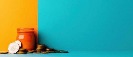 Poster - Minimalist Financial Planning Bold Color-Block Savings Visualization with Vibrant Jar, Coins and Geometric Composition - Modern Wealth Management Aesthetic