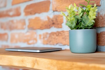 Poster - Minimalist Workspace Harmony Biophilic Design Meets Tech - Serene Home Office Styling with Green Plant and Modern Laptop on Warm Wood Surface