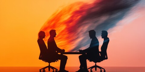 Poster - Transformative Workplace Dynamics Silhouetted Professionals Navigate Intense Collaborative Tensions in Vibrant Sunset-Inspired Strategic Dialogue