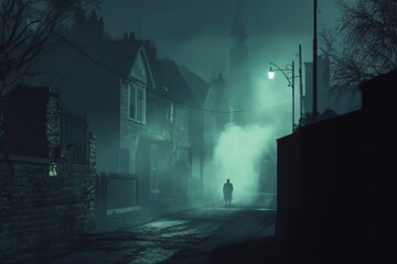 Wall Mural - A man walks down a dark street at night. The street is foggy and the buildings are old