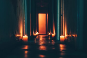 Wall Mural - A dimly lit hallway with candles placed in the middle. The candles are lit up, creating a warm and cozy atmosphere. The hallway is long and narrow