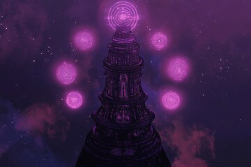 Wall Mural - a purple tower with a glowing orb on top. the tower is surrounded by a purple sky and stars